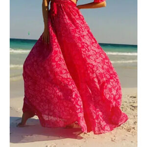 Miguelina Farrah Pink floral bougainvillea maxi skirt XL Boho Romantic Vibrant